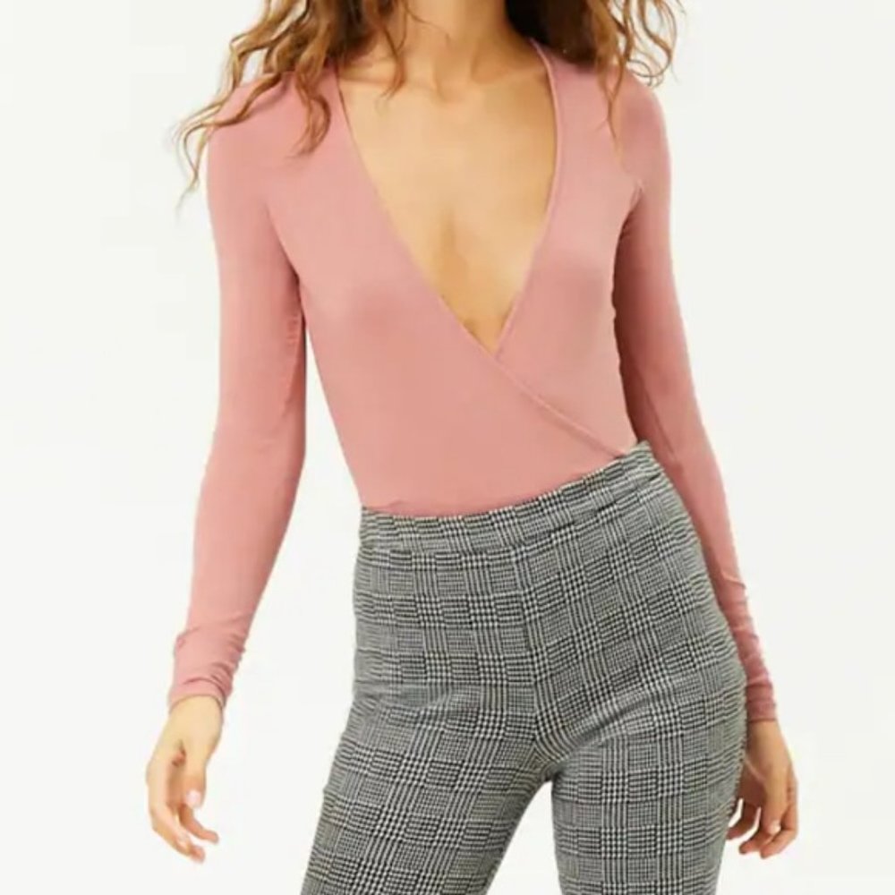 Forever 21 Dusty Rose Pink Long-Sleeve Surplice Bodysuit S